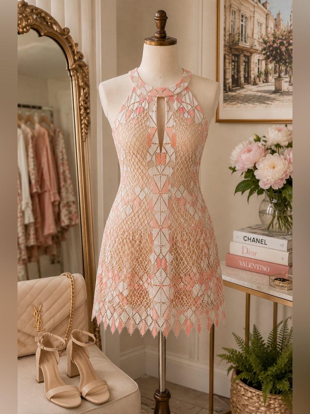 BCBGMAXAZRIA Blush Geometric Lace Halter Mini Dress Pink Ivory Size 6 - Picture 2 of 9